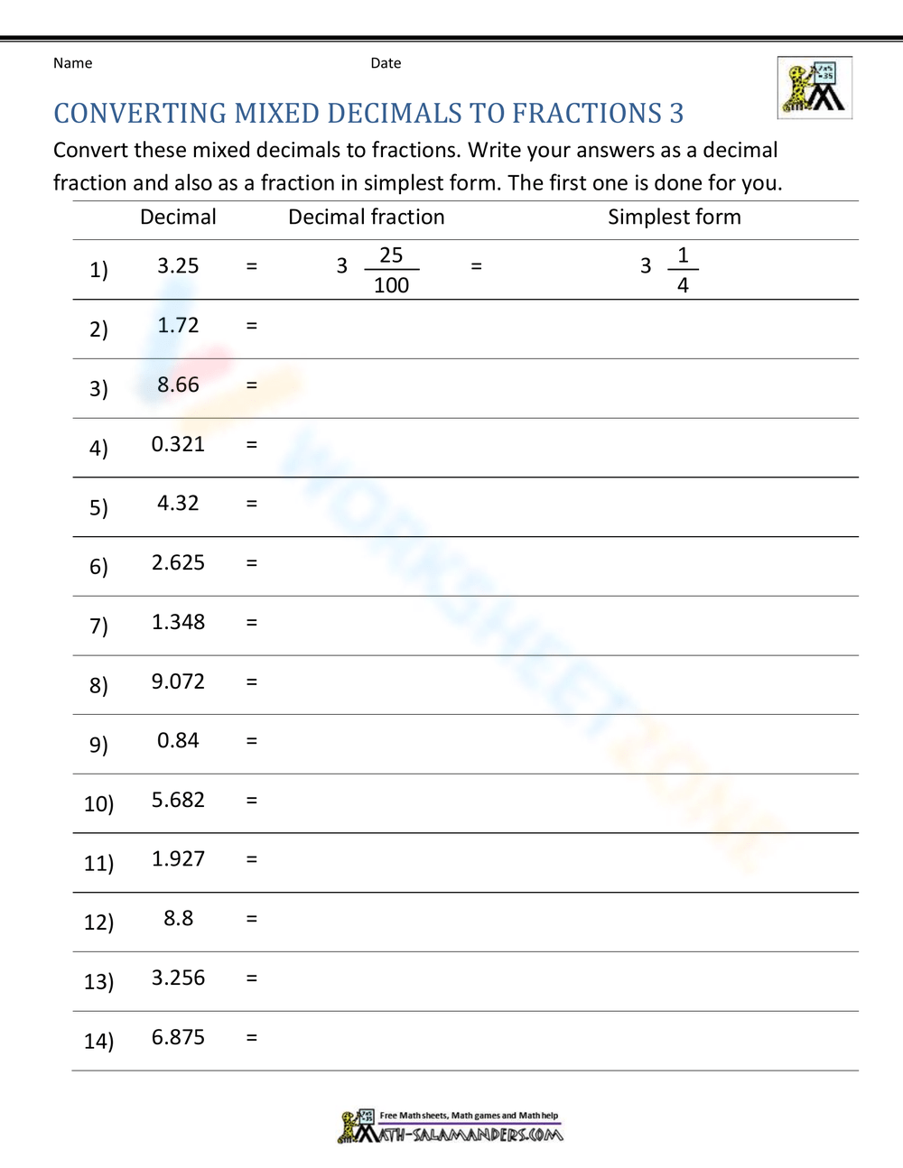 Converting Mixed Decimals To Fractions Worksheet Worksheets Library