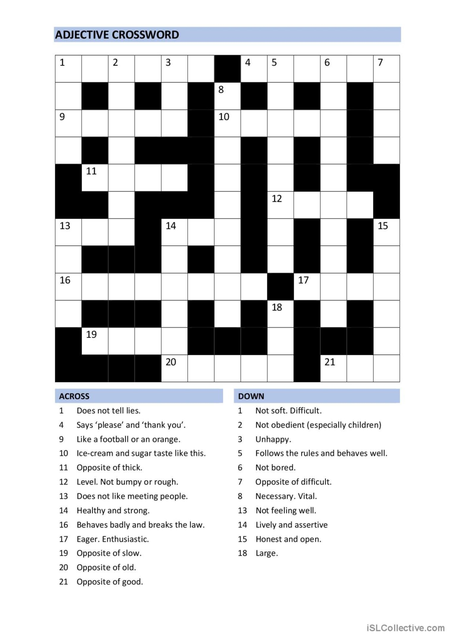 Crossword Intermediate adjectives English ESL Worksheets Pdf Doc