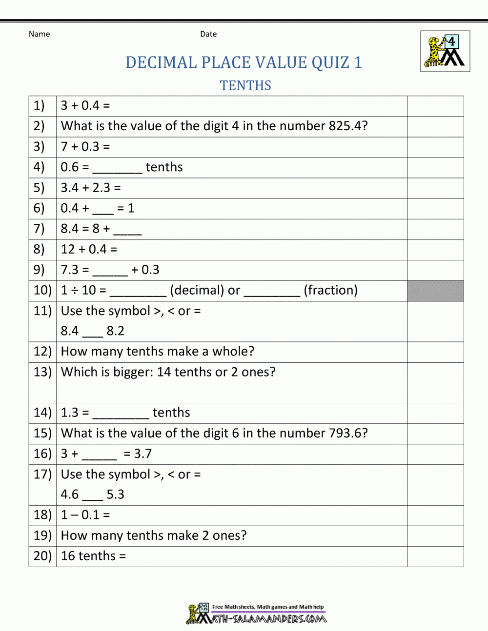 Decimal Place Value Worksheets 4th Grade