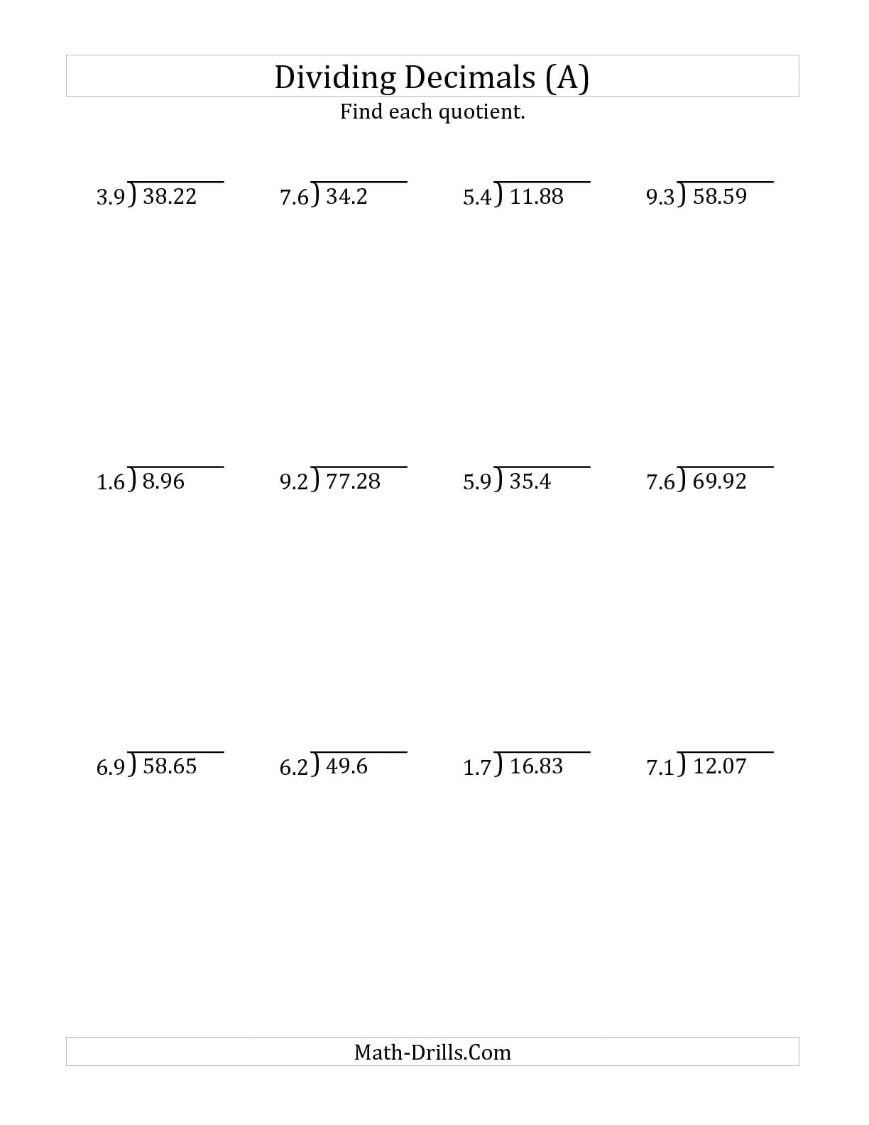 Dividing Decimals Worksheet For Grade 6 223482 Worksheets Samples