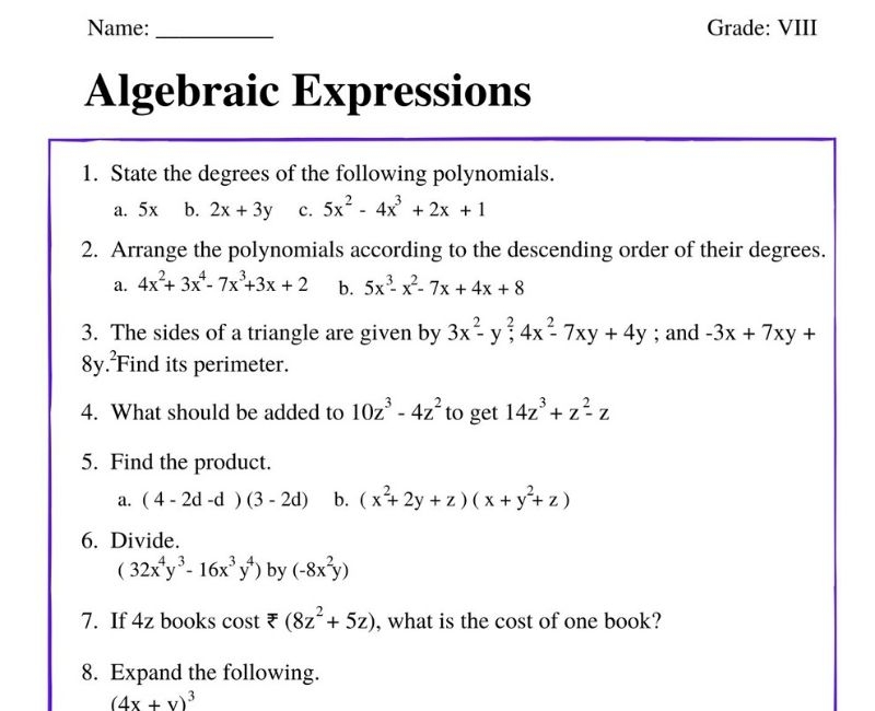 Download Algebraic Expressions Class 8 Worksheet