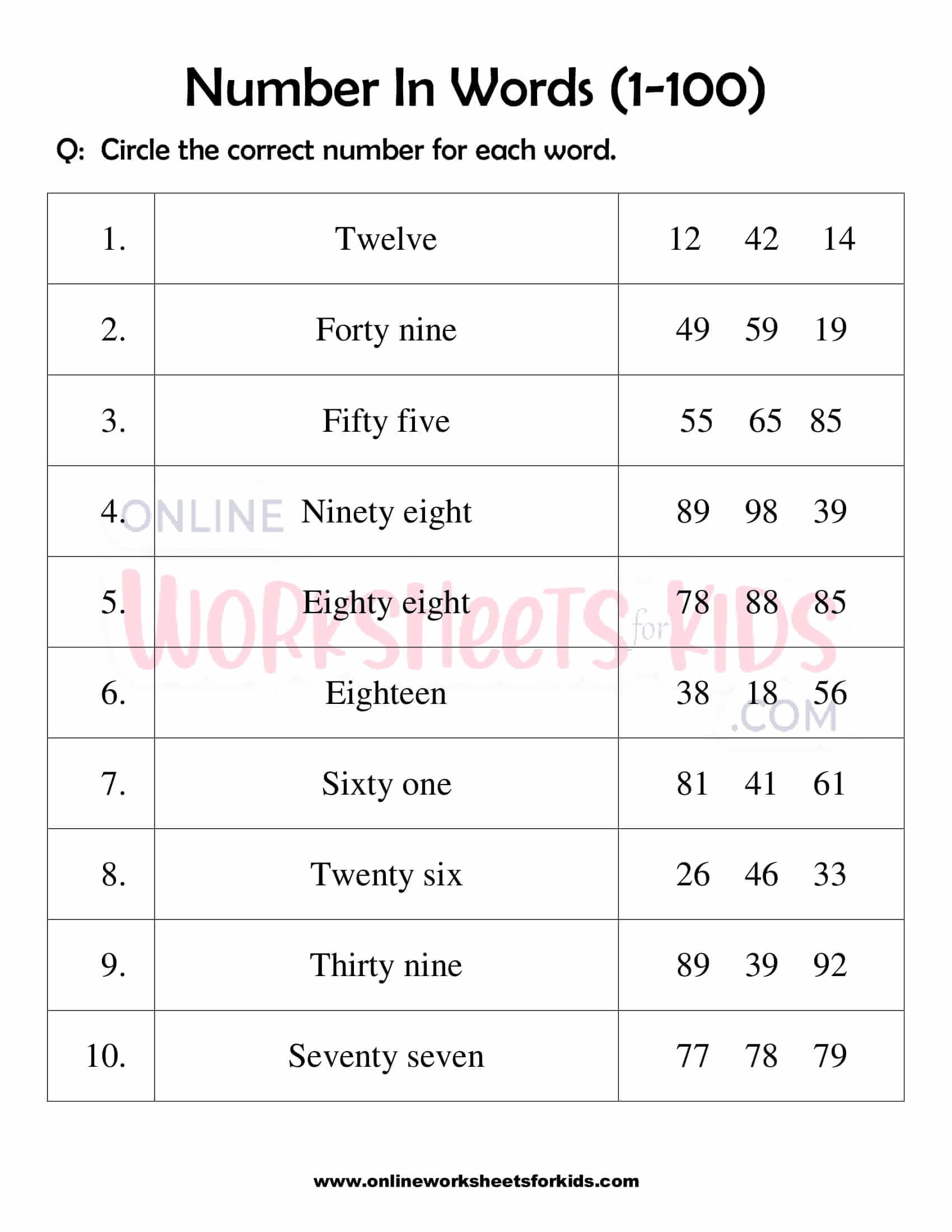 Download Free Number Words Worksheet 1 100 For Grade 1 Worksheets Library