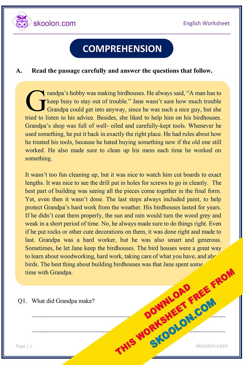 English Comprehension Class 5 Skoolon