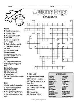 Fall Crossword Puzzle Worksheet 4 Versions By Puzzles To Print