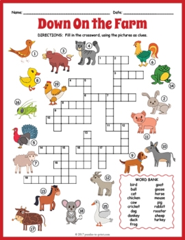 Farm Animals Crossword Puzzle By Puzzles To Print TpT