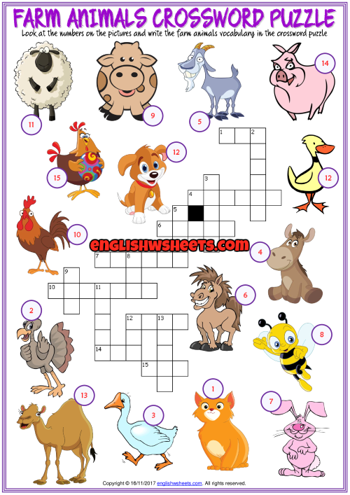 Farm Animals Crossword Puzzle ESL Printable Worksheet Animal 