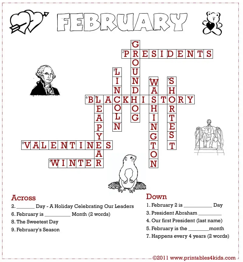 February Crossword Puzzle Printable
