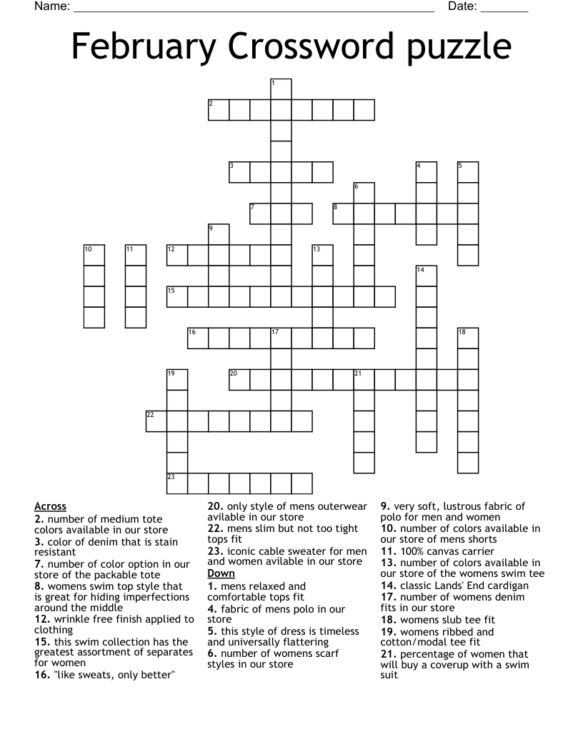 February Crossword Puzzle Printable