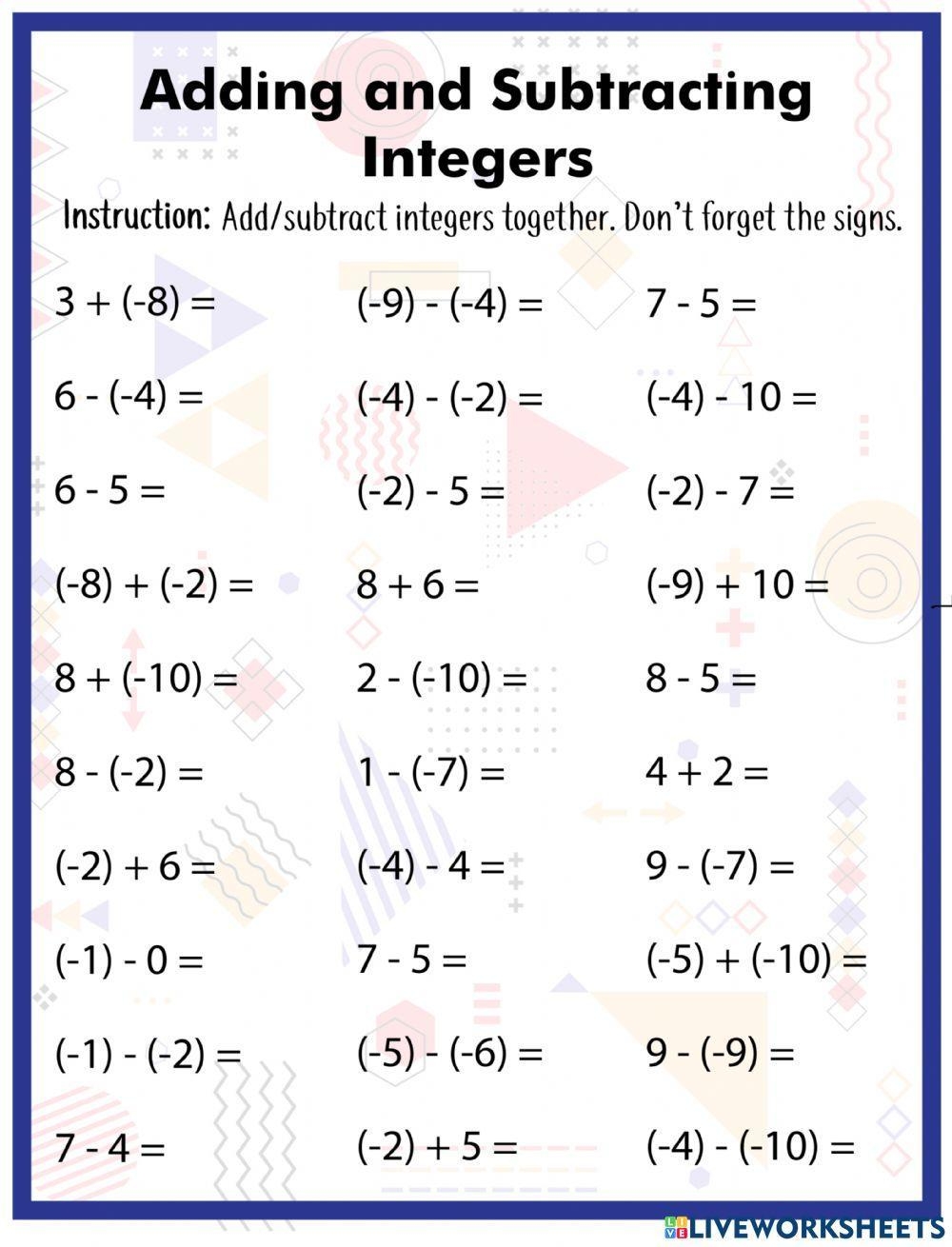 Free Adding And Subtracting Negatives Worksheet Download Free Adding 