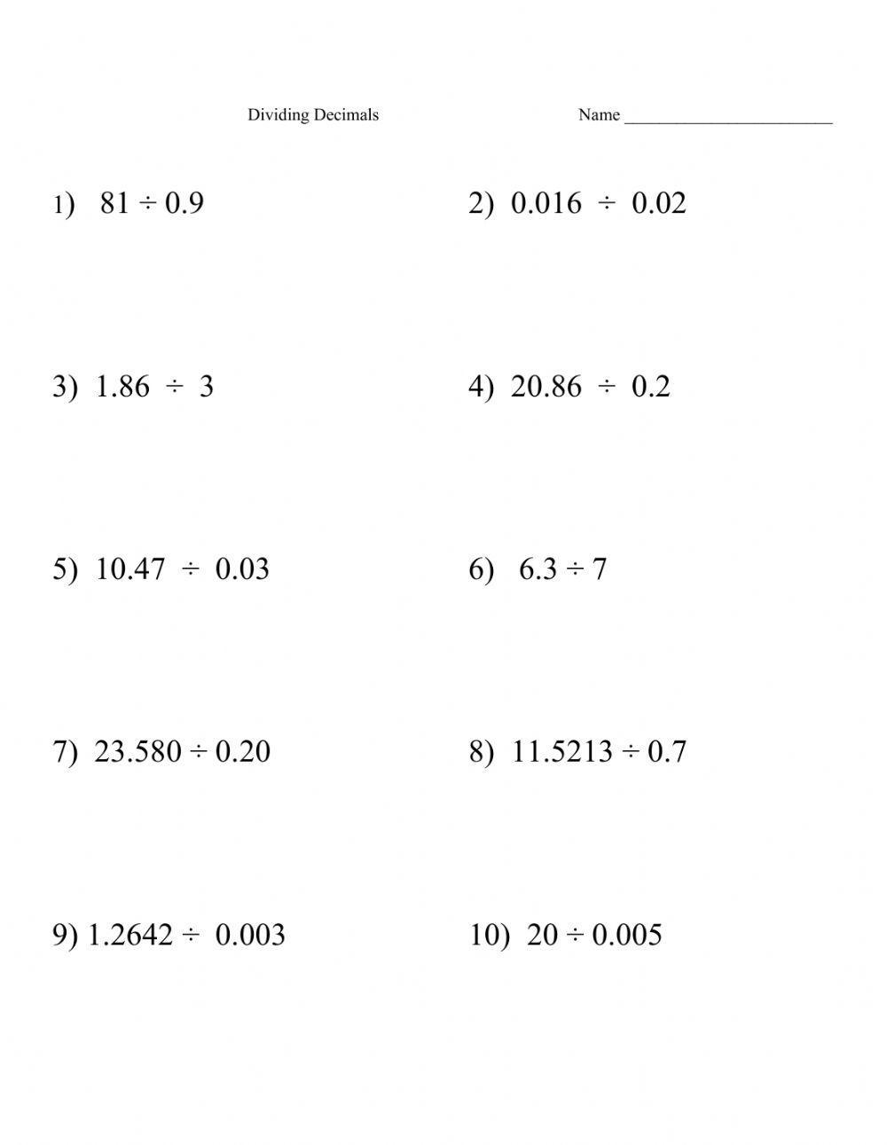 Free Dividing Decimals By Decimals Worksheet Download Free Dividing 