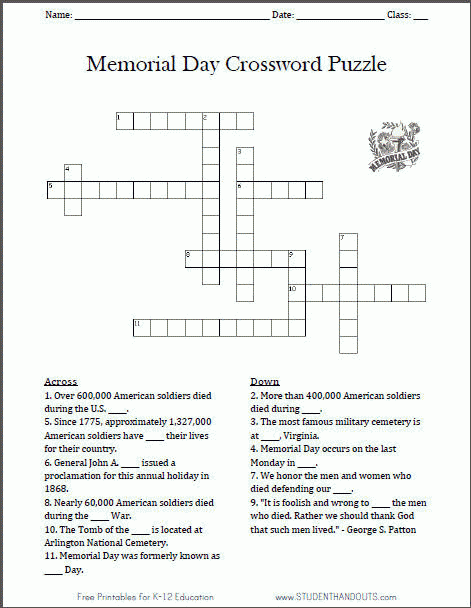 Free Printable Memorial Day Crossword Puzzle Worksheet