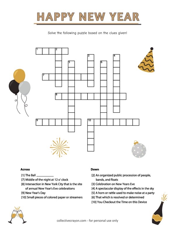 Free Printable New Year Crossword