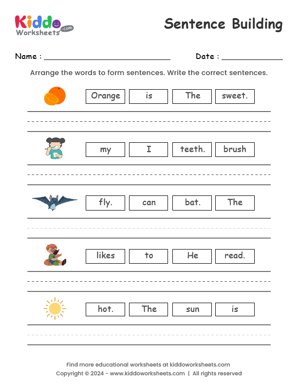 Free Printable Sentence Building Worksheet Kiddoworksheets 