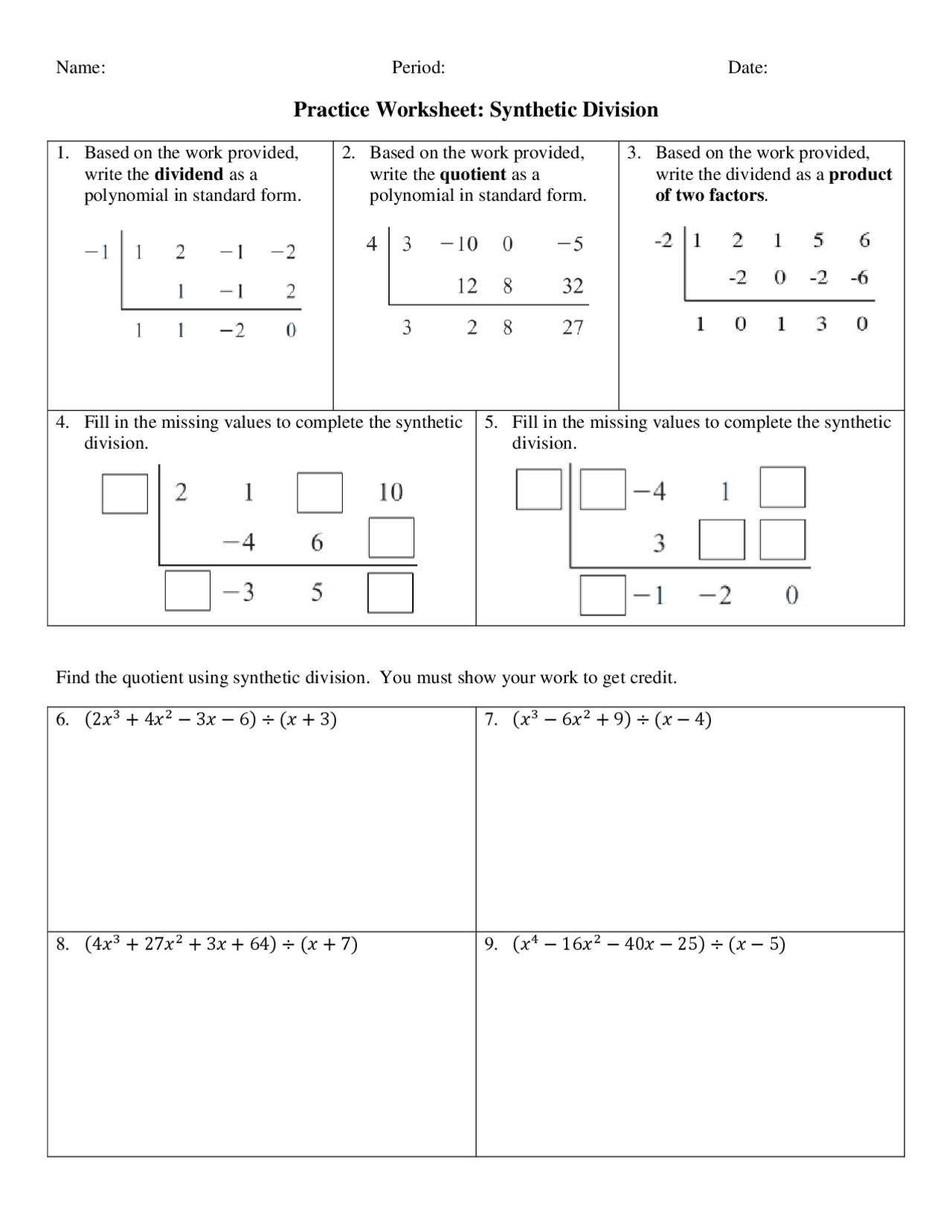 Free Synthetic Division Practice Problems Worksheet Download Free 