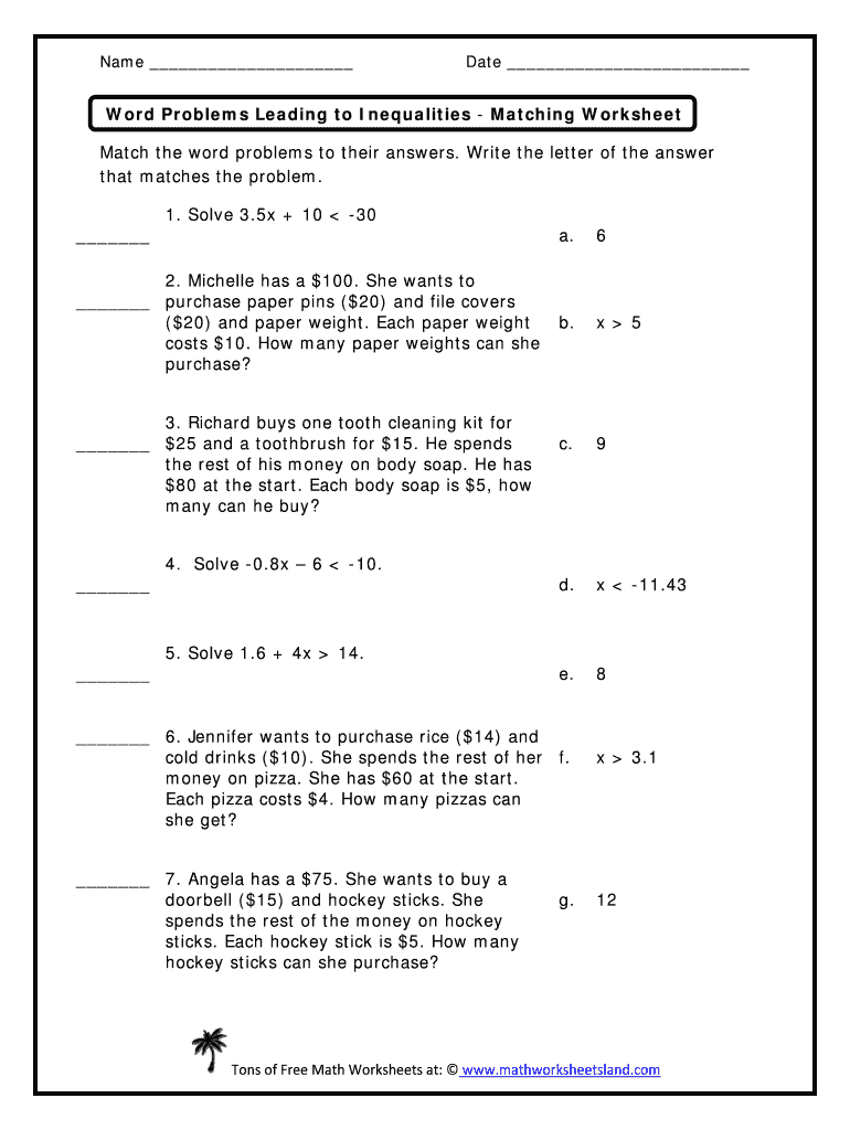 Free Systems Of Linear Inequalities Word Problems Worksheet Pdf 