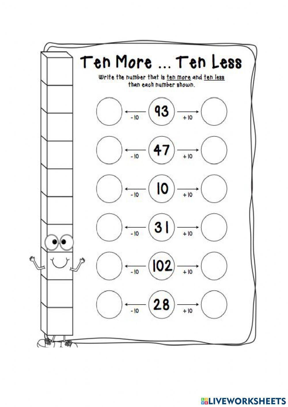 Free Ten More Ten Less Worksheet Download Free Ten More Ten Less 