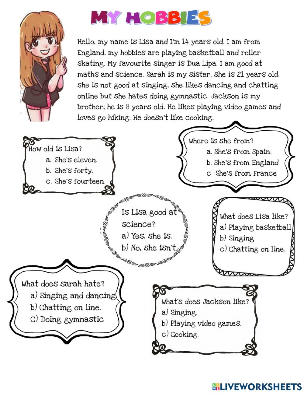 Free Time Activities Active Listening Reading Worksheets Hobbies And 