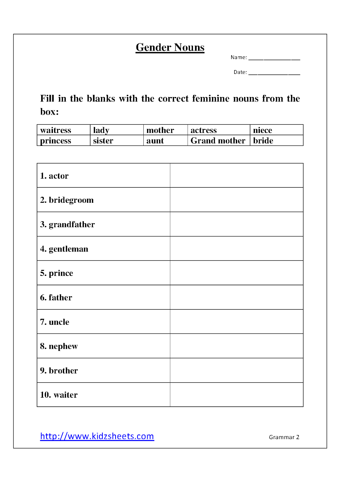 Gender Worksheet For Class 5