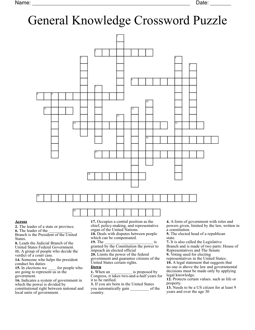 General Knowledge Free Easy Printable Crossword Puzzles For Adults 