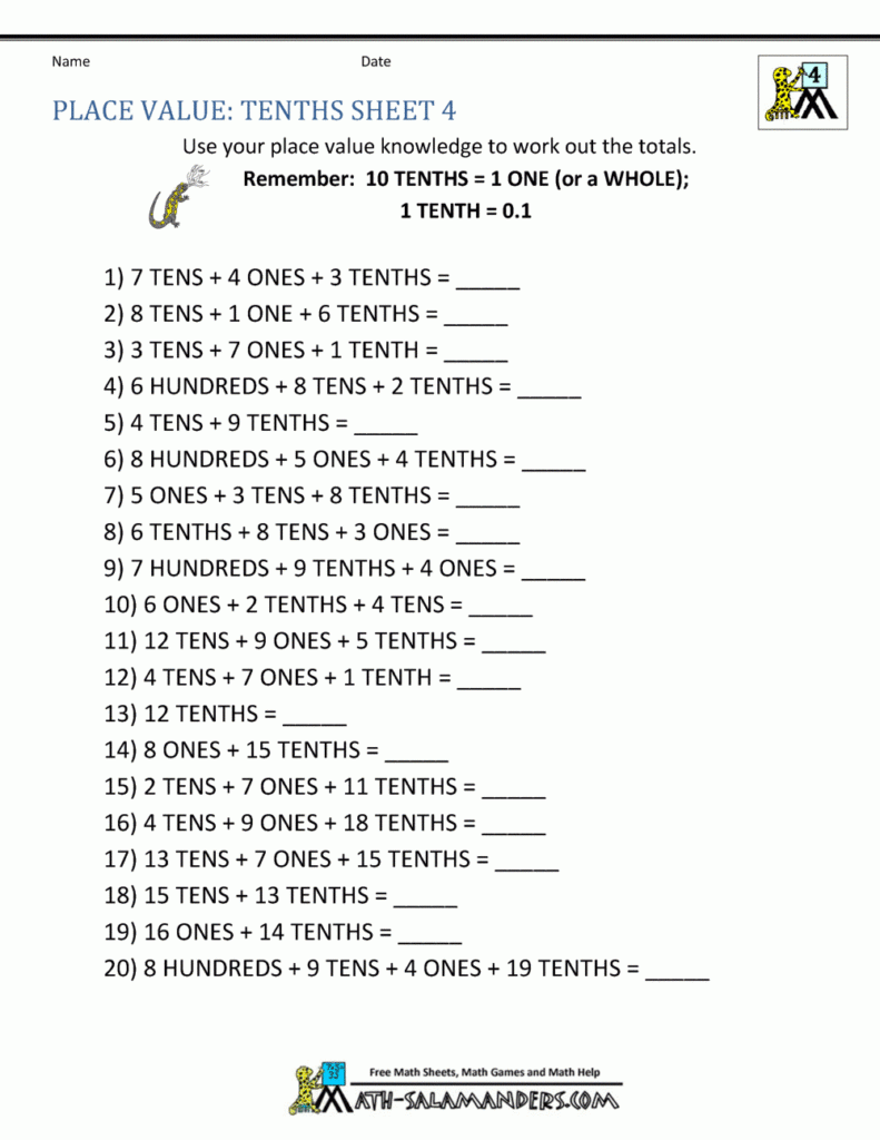 Grade 4 Decimal Place Value Worksheet Decimalworksheets