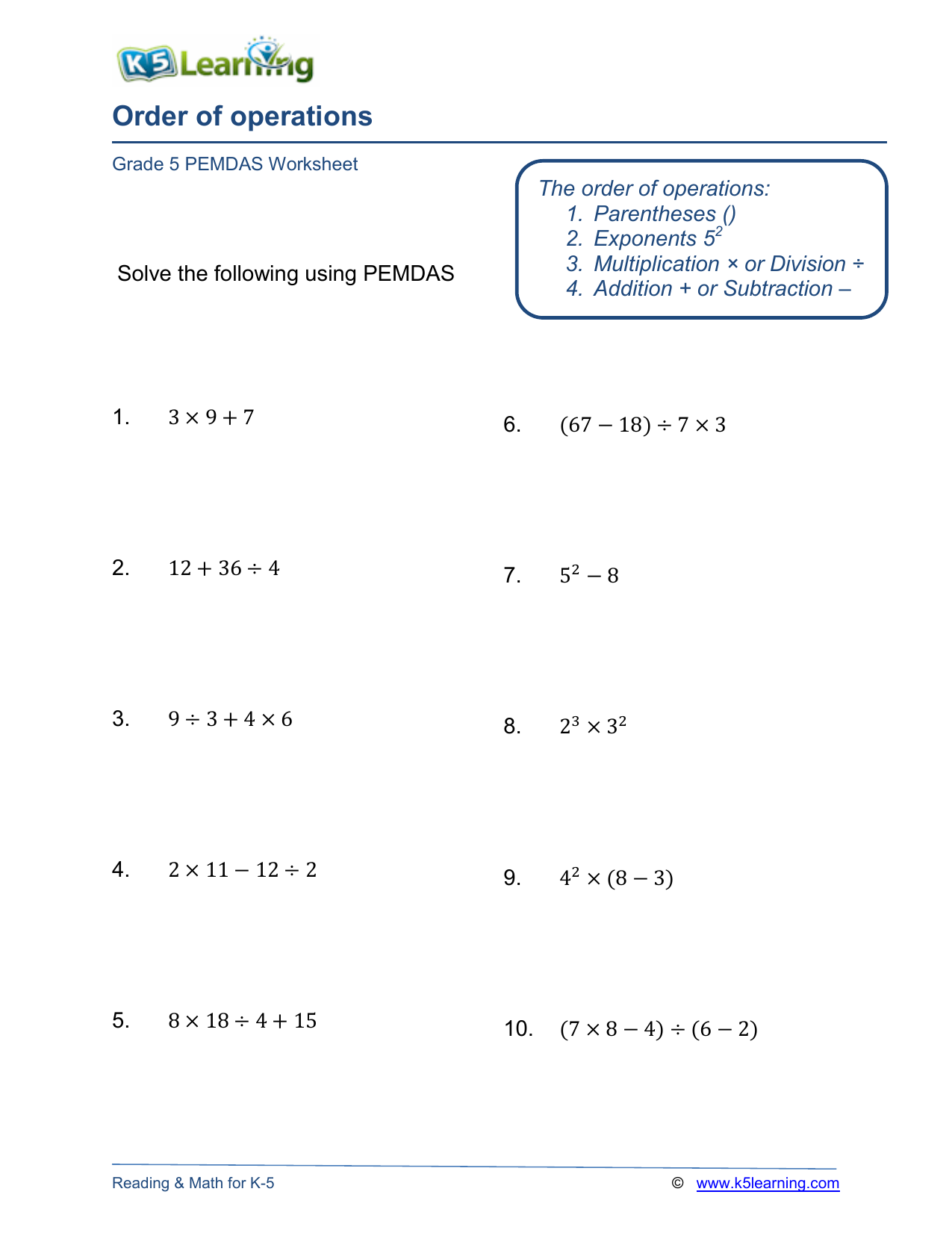 Grade 5 Order Operations Worksheet Order Of Operation Worksheets