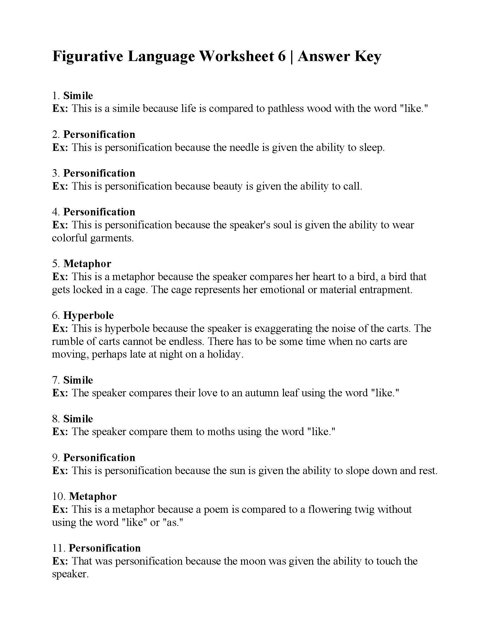 Grade 6 Figurative Language Worksheets Language Worksheets