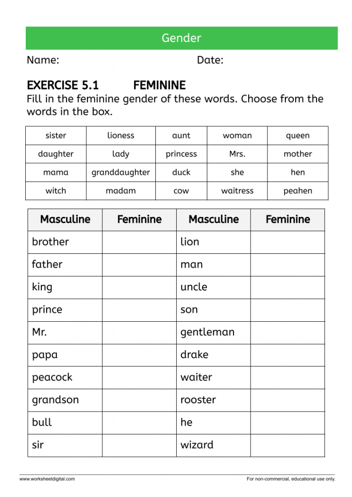 Grammar Worksheet Digital Gender Feminine