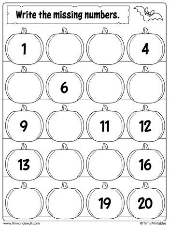 Halloween Missing Numbers Worksheet Numbers 1 To 20 Tim 39 s Printables