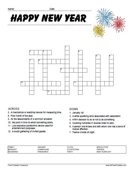 Happy New Year Crossword Free Printable