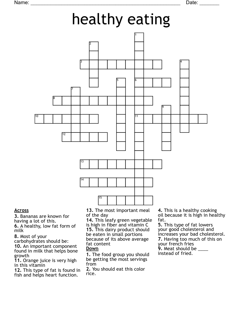 Healthy Eating Crossword Puzzle Printables