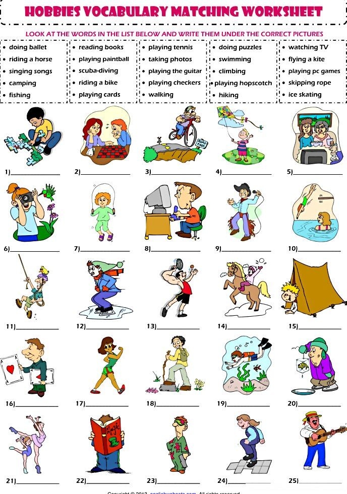 Hobbies And Interests Vocabulary Matching Exercise Worksheet Lesson