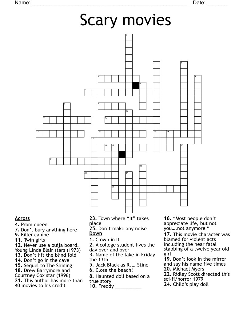 Horror Movie Crossword Puzzles Printable Coronaforo