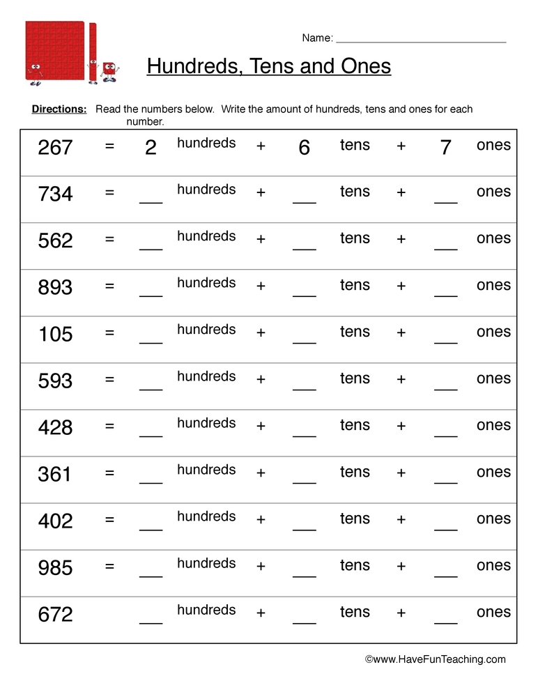 Hundreds Tens Ones Worksheet Have Fun Teaching