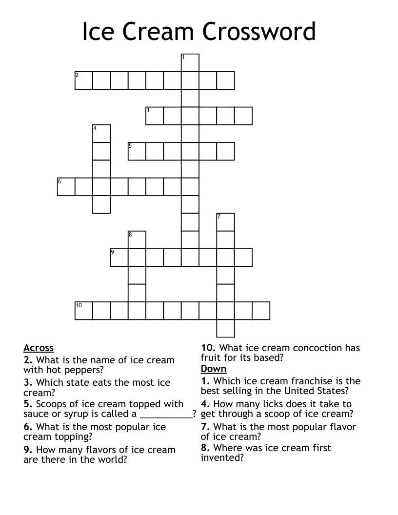 Ice Cream Crossword Puzzle Printable
