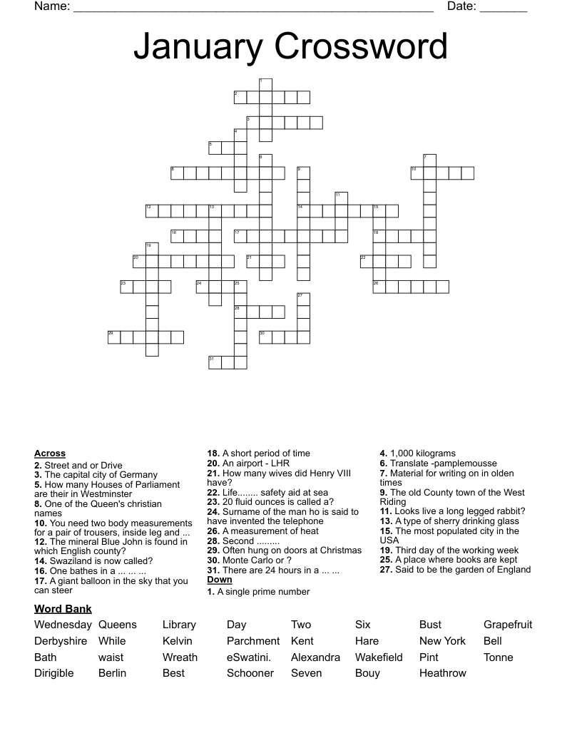 January Crossword WordMint