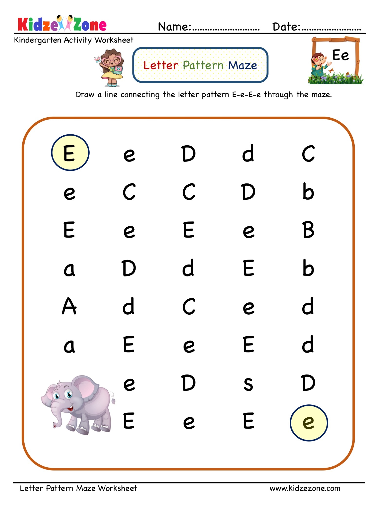 Letter E Maze Worksheet KidzeZone