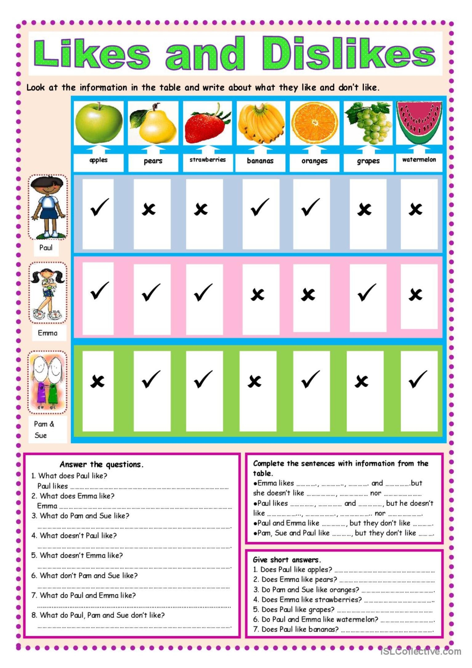 Likes And Dislikes English ESL Worksheets Pdf Doc