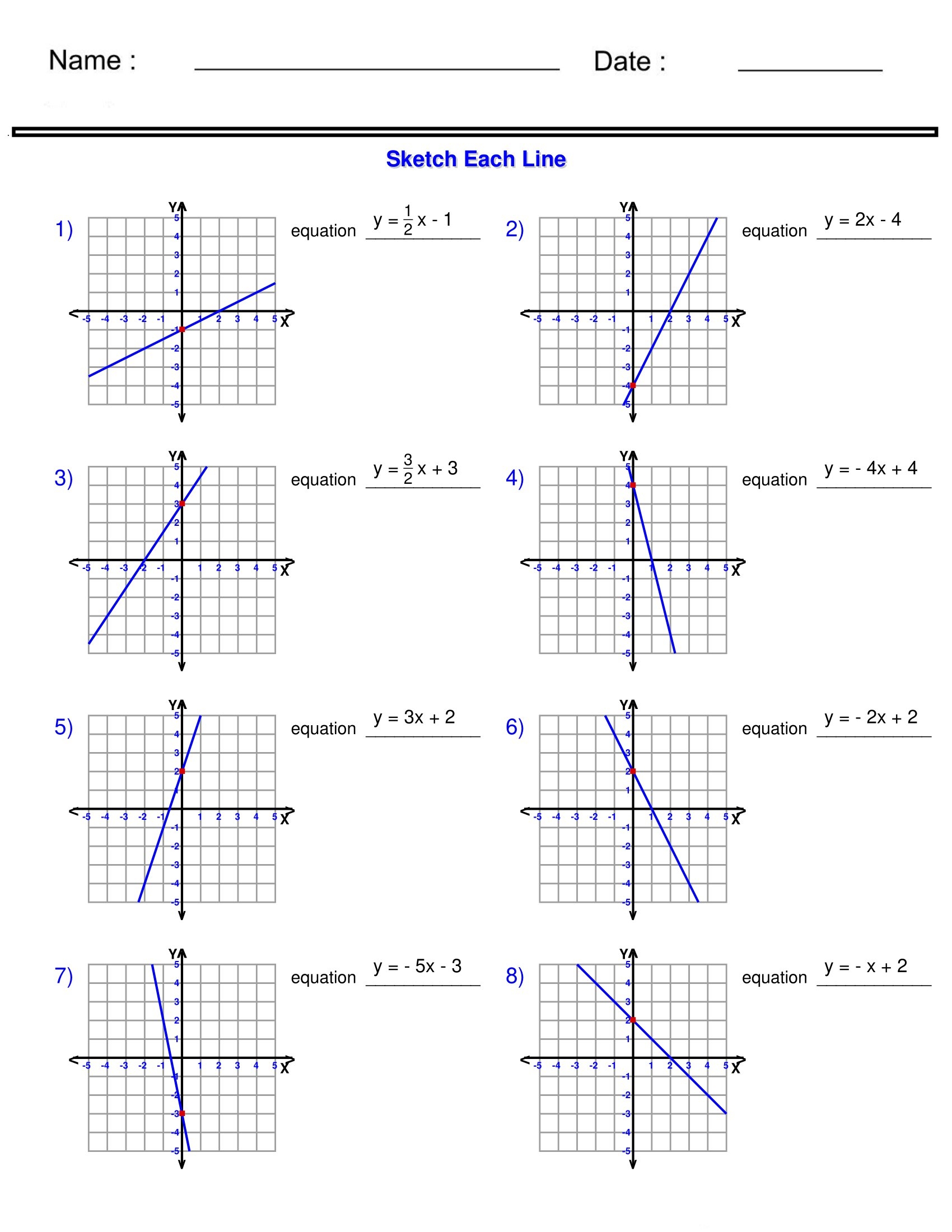 Linear Functions Graphing Lines In Slope Intercept Form Worksheets 