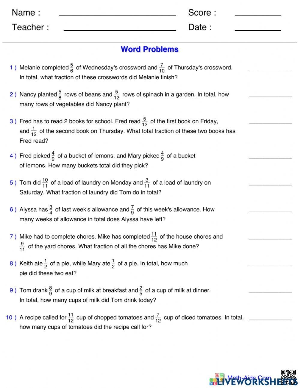 Master Fraction Word Problems Worksheets For Grades K 12
