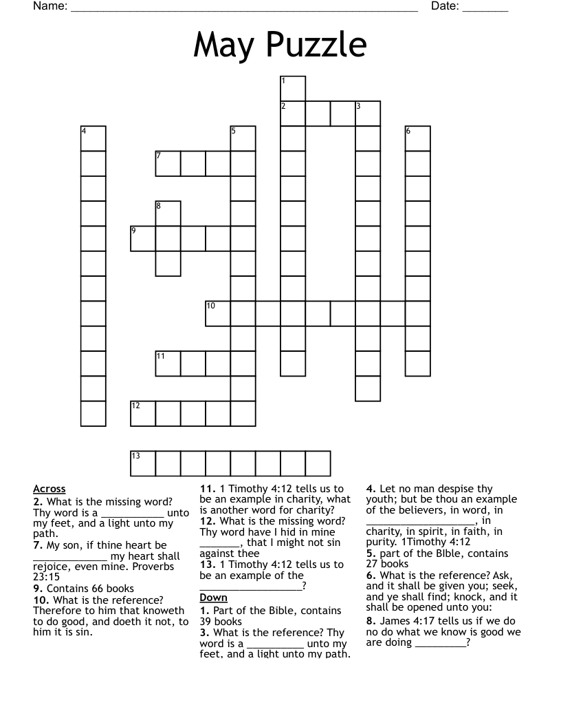 May Crossword Puzzle Printable