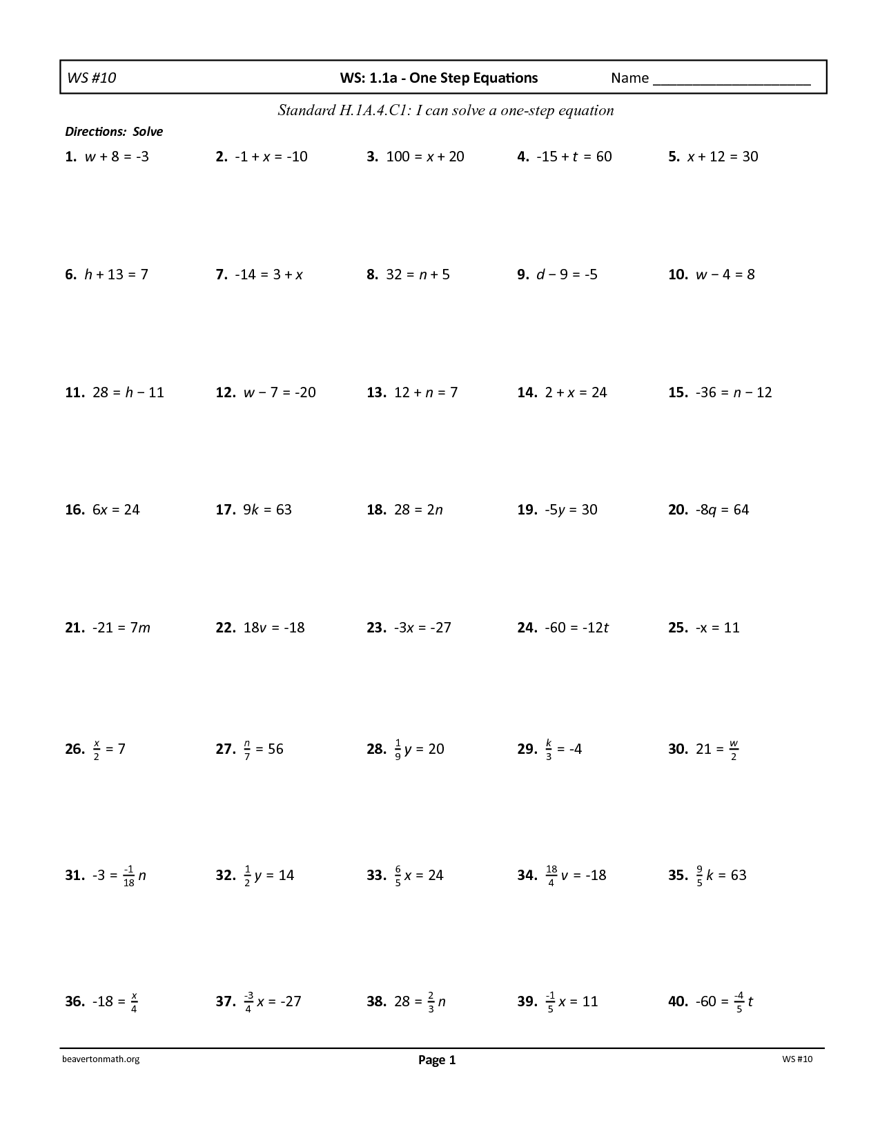 Multi Step Equations Worksheet 8th Grade Equations Worksheets
