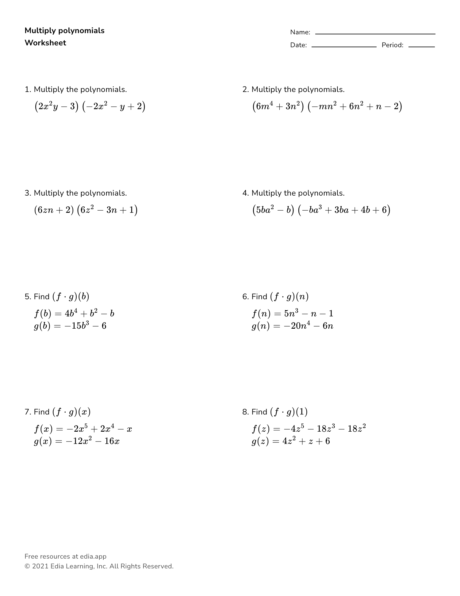 Multiply Polynomials Worksheet Worksheets Library