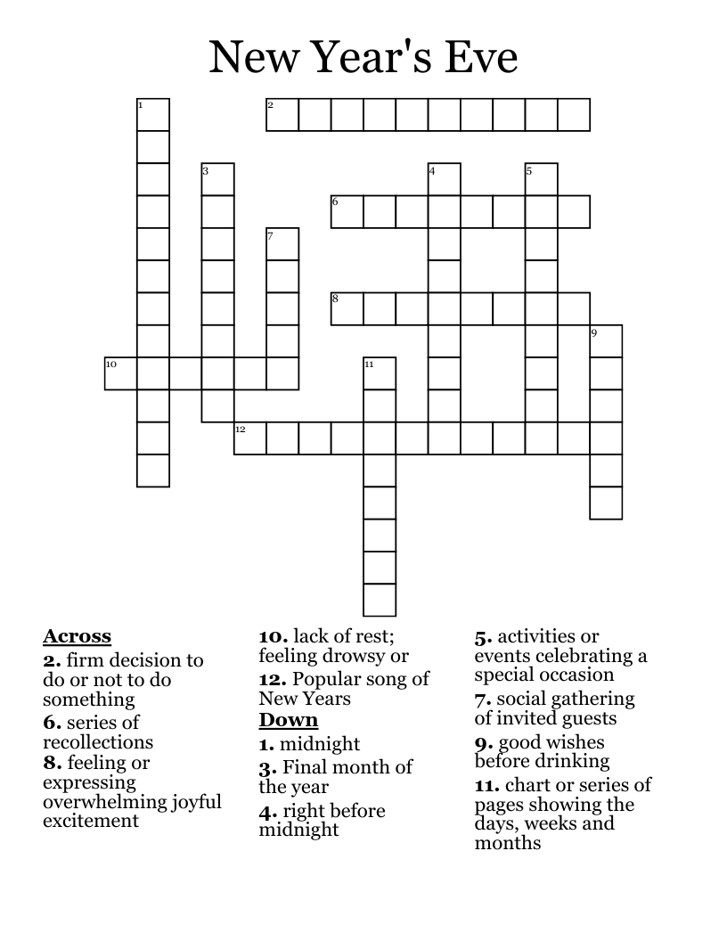 New Year 39 s Eve Crossword WordMint