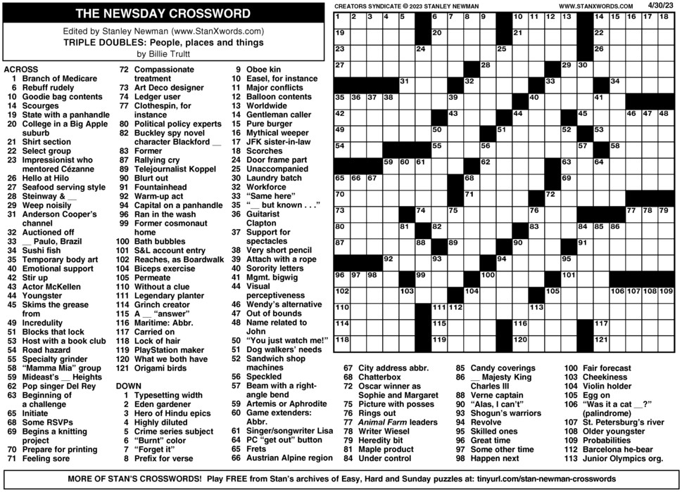 Newsday Crossword Sunday For Apr 30 2023 By Stanley Newman Creators