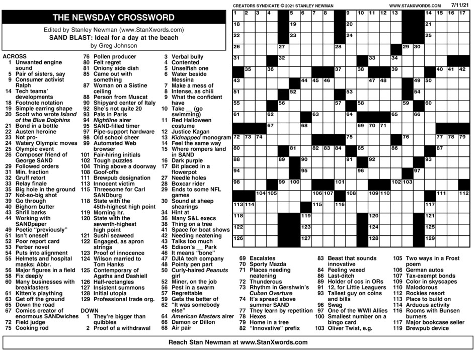 Newsday Crossword Sunday For Jul 11 2021 By Stanley Newman Creators 