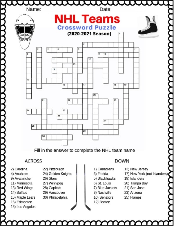 NHL Hockey Teams Crossword fun Free Printable PDF Puzzletainment