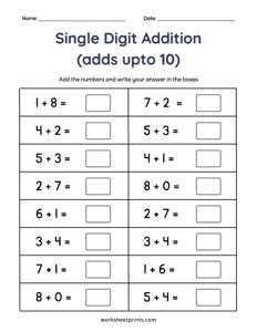 One Digit Addition No Regrouping Worksheets