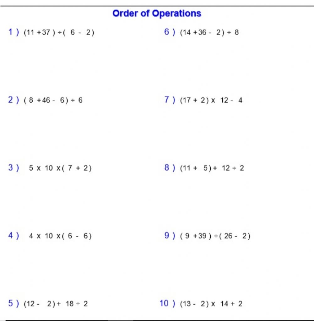 Order Of Operations Grade 5 Worksheet With Parentheses Order Of 