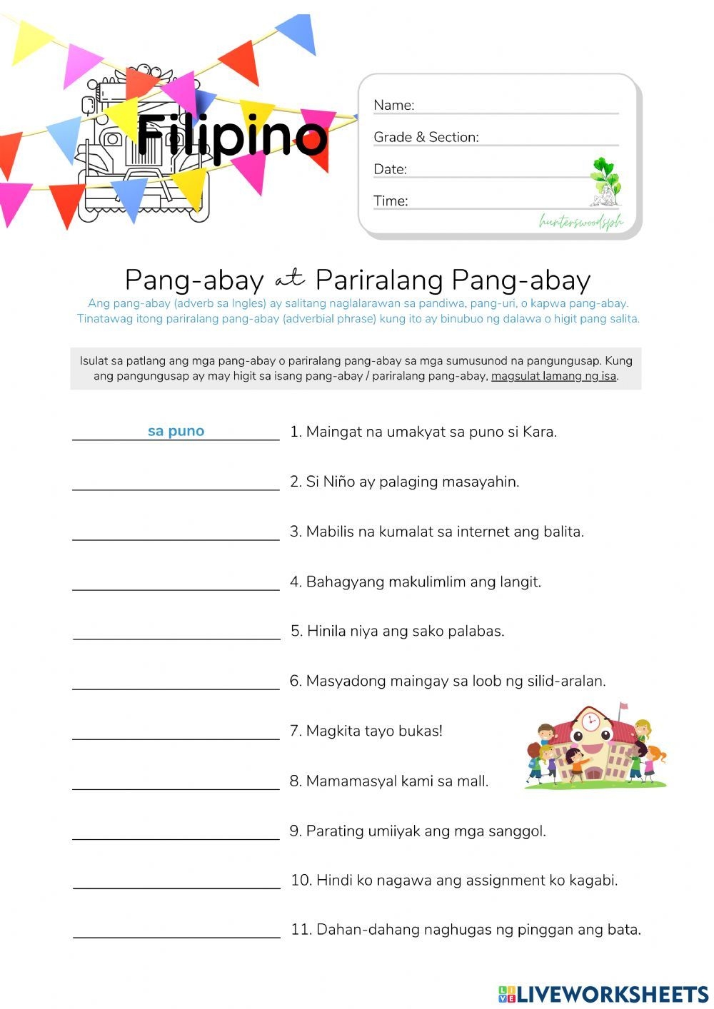 Pang Abay At Pariralang Pang Abay Hunterswoodsph Com Worksheet 