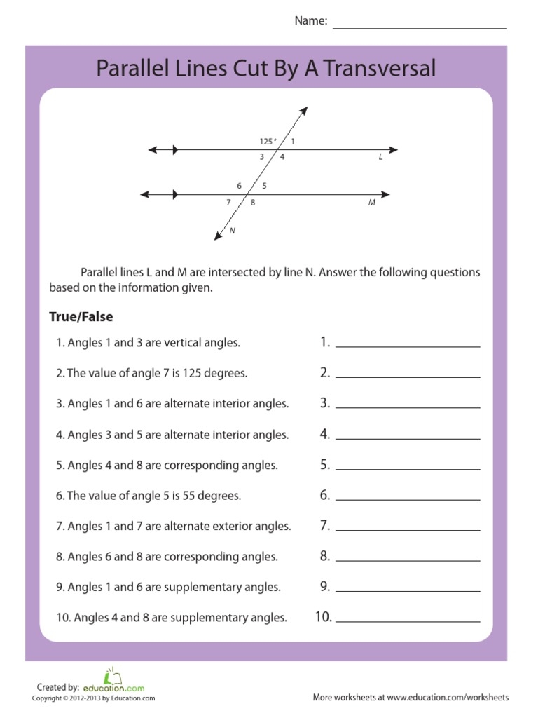 Parallel Lines Cut By A Transversal True False PDF Worksheets Library